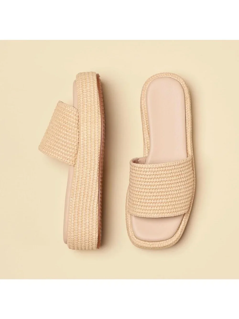 Women's Natural Leather Woven Wedges Beach Slip On Comfortable Casual Platform